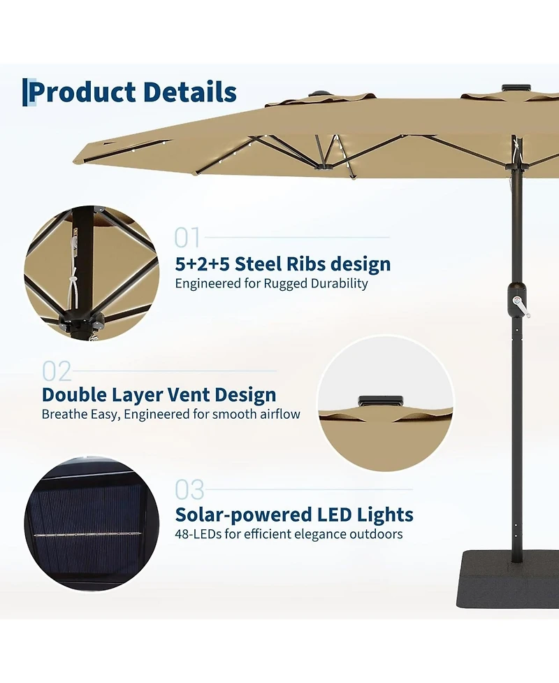 gaomon 15 Ft Patio Umbrella with Solar lights and Base Included for Garden, Pool, Deck