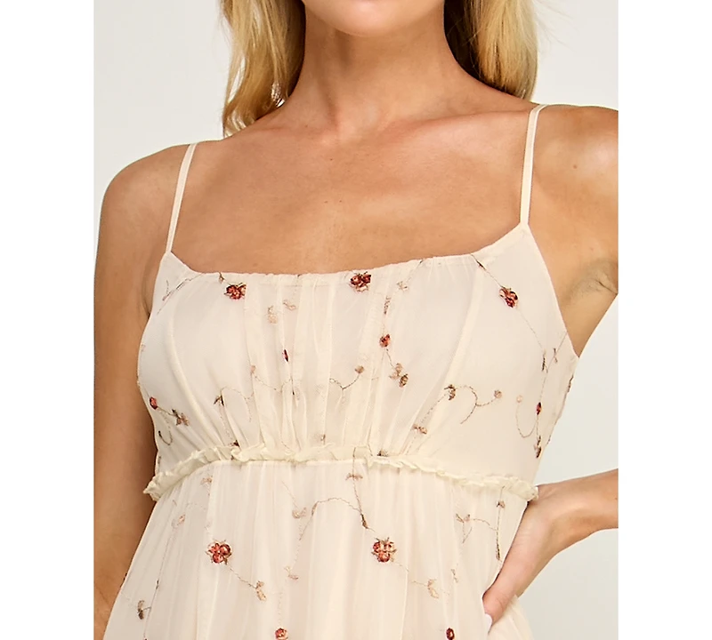 Row A Juniors' Embroidered Sleeveless Mesh Dress