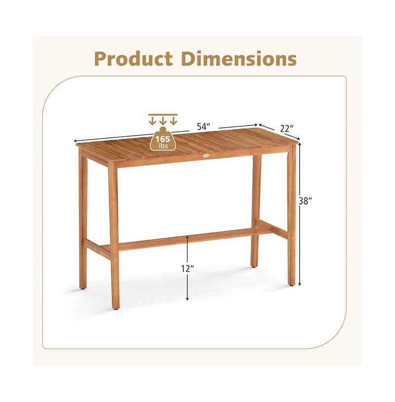 Boyel Living Acacia Wood Counter Height Table with Slatted Tabletop and Footrest Crossbar