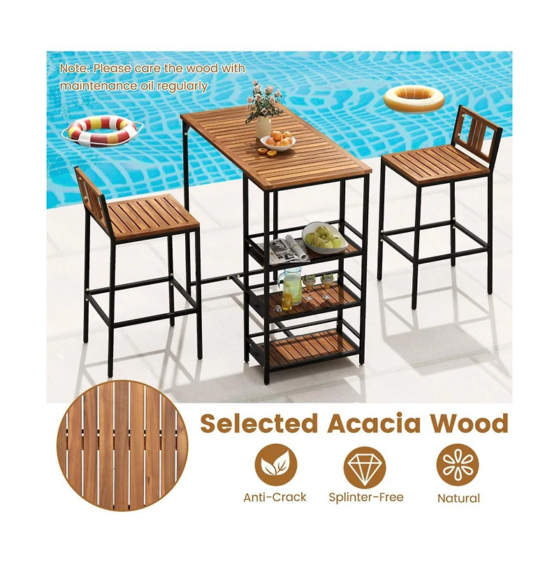 Boyel Living 3 Pieces Outdoor Wood Bar Set with 3-Tier Storage Shelf and Metal Frame