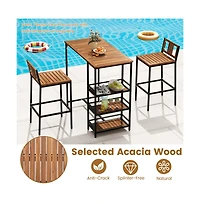 Boyel Living 3 Pieces Outdoor Wood Bar Set with 3-Tier Storage Shelf and Metal Frame