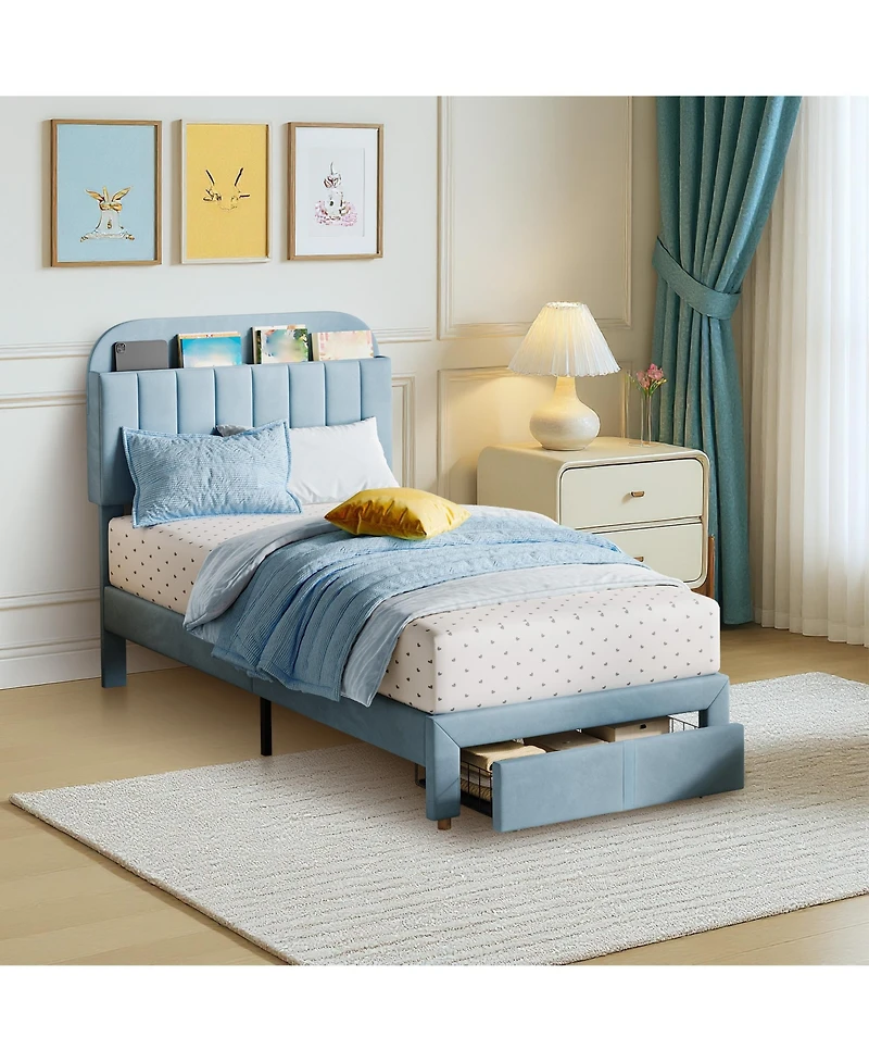 homfan Twin Bed Frame for Kids, Upholstered Platform with Storage Drawer and Bookcase Headboard, Noise-Free Easy Assembly