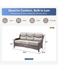 Pocassy Patio Sofa 3-Seat Wicker Couch with 6" Thick Cushion - Outdoor Furniture Rattan High Back for Garden Porch Sunroom