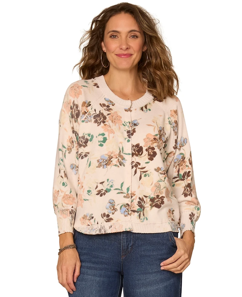 Democracy Petite Printed Round Neck Cardigan