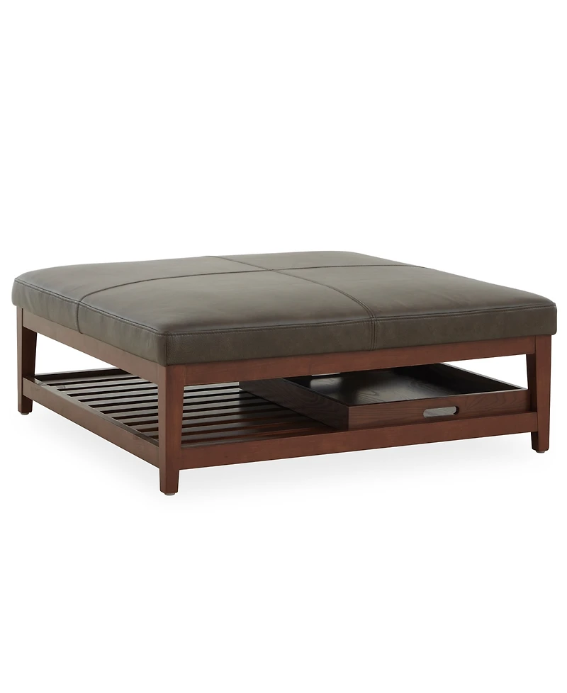 Jacey 17" Leather Square Wood Tray Ottoman
