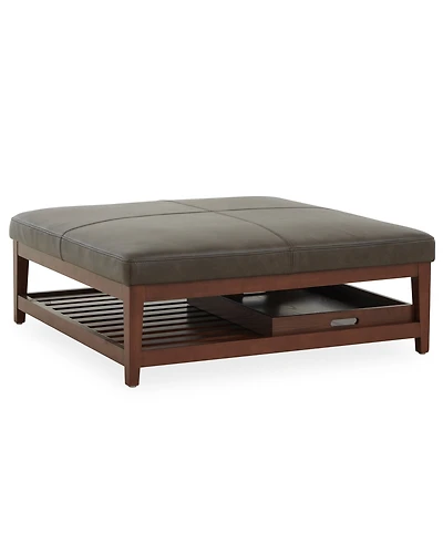 Jacey 17" Leather Square Wood Tray Ottoman