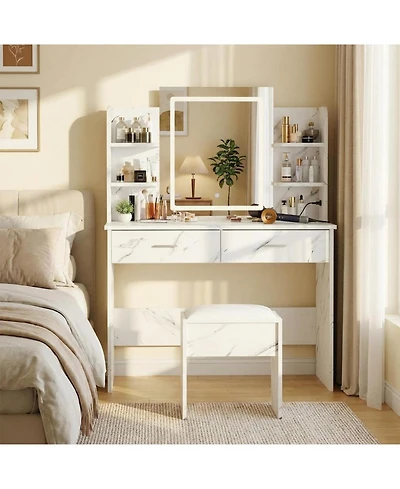 gaomon Makeup Vanity Desk with Led Mirror, 2 Drawers, Power Outlet & Cushioned Stool, 3 Light Modes