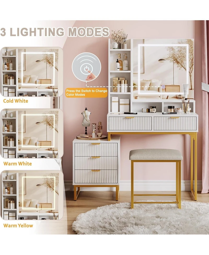 gaomon Makeup Vanity Desk with Led Mirror, 5 Drawers, Removable Cabinet & Cushioned Stool