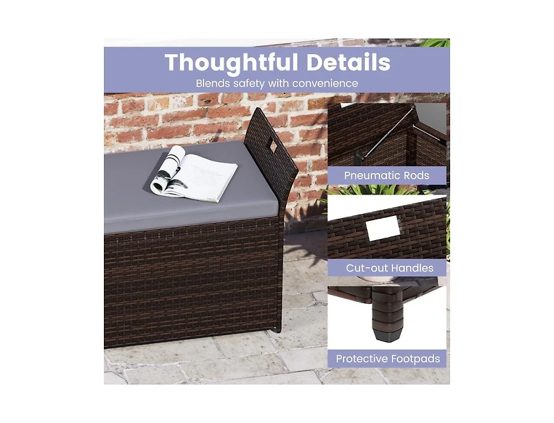 Lucky One Outdoor Storage Bench with Pe Rattan Wicker Cushion and Side Handles