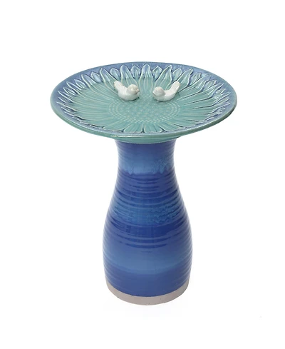LuxenHome 20.5" Elegant Ceramic Bird Bath for Outside with Decorative Birds, Blue