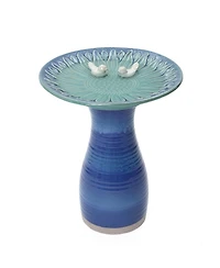 LuxenHome 20.5" Elegant Ceramic Bird Bath for Outside with Decorative Birds, Blue