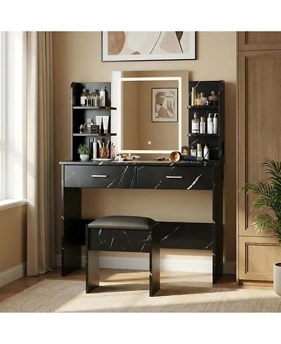 gaomon Makeup Vanity Desk with Led Mirror, 2 Drawers, Power Outlet & Cushioned Stool, 3 Light Modes, Marble