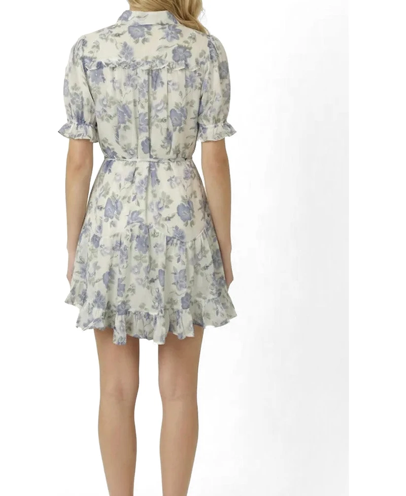 Modenaire Women's Floral Tie-Waist Ruffle-Hem Shirt Dress