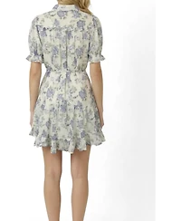 Modenaire Women's Floral Tie-Waist Ruffle-Hem Shirt Dress