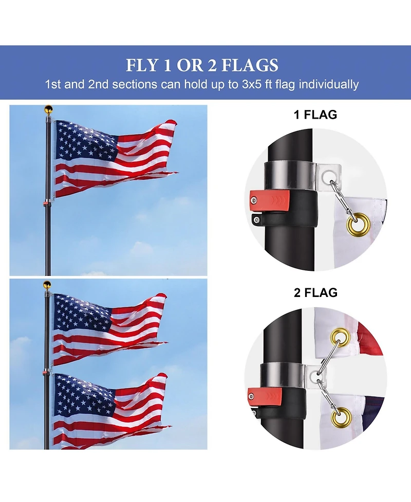 Yescom Ez Go 25Ft Telescopic Flag Pole Kit with Solar Light & Tire Mount Base for Tailgate Outside
