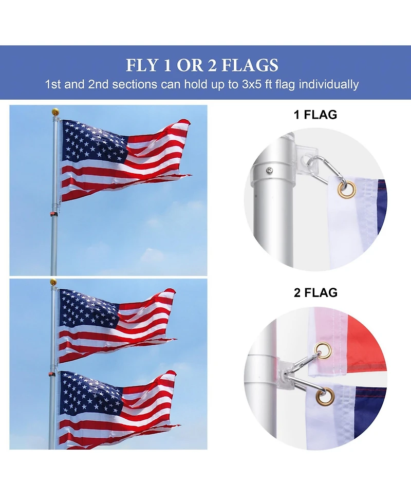 Yescom Ez Go 20Ft Aluminum Telescopic Flag Pole Kit w/ Solar Light and Flagpole Holder for Camper Rv Tailgate