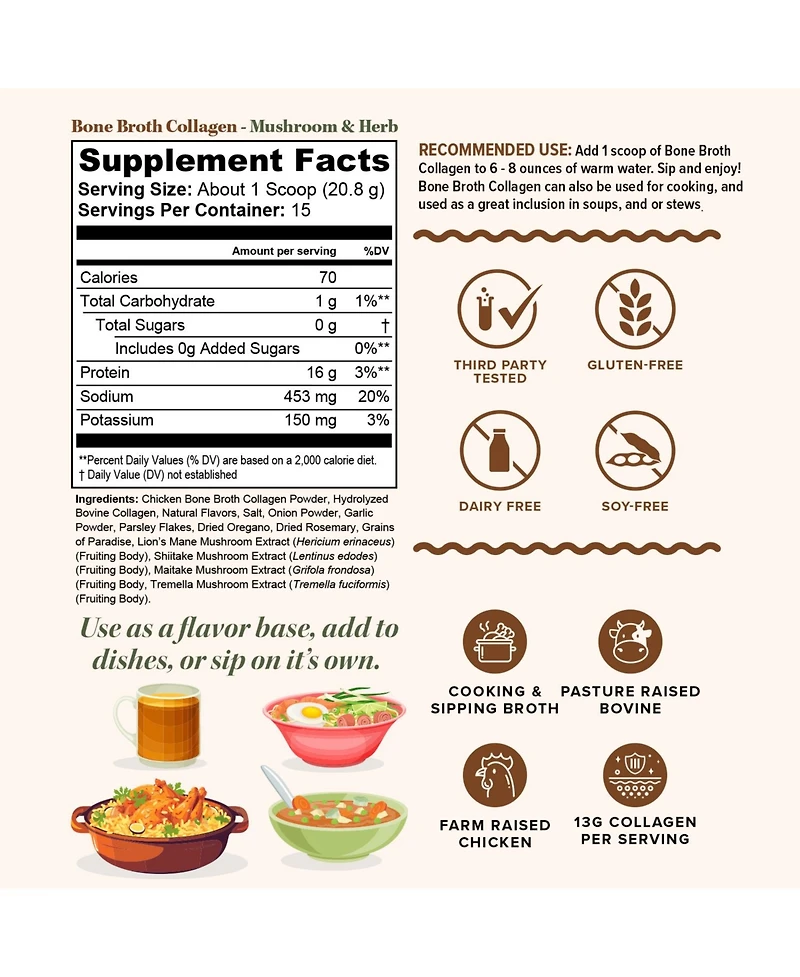 Vitauthority Bone Broth Collagen Mushroom Powder, 310 Gram Pouch, Protein and Collagen Support