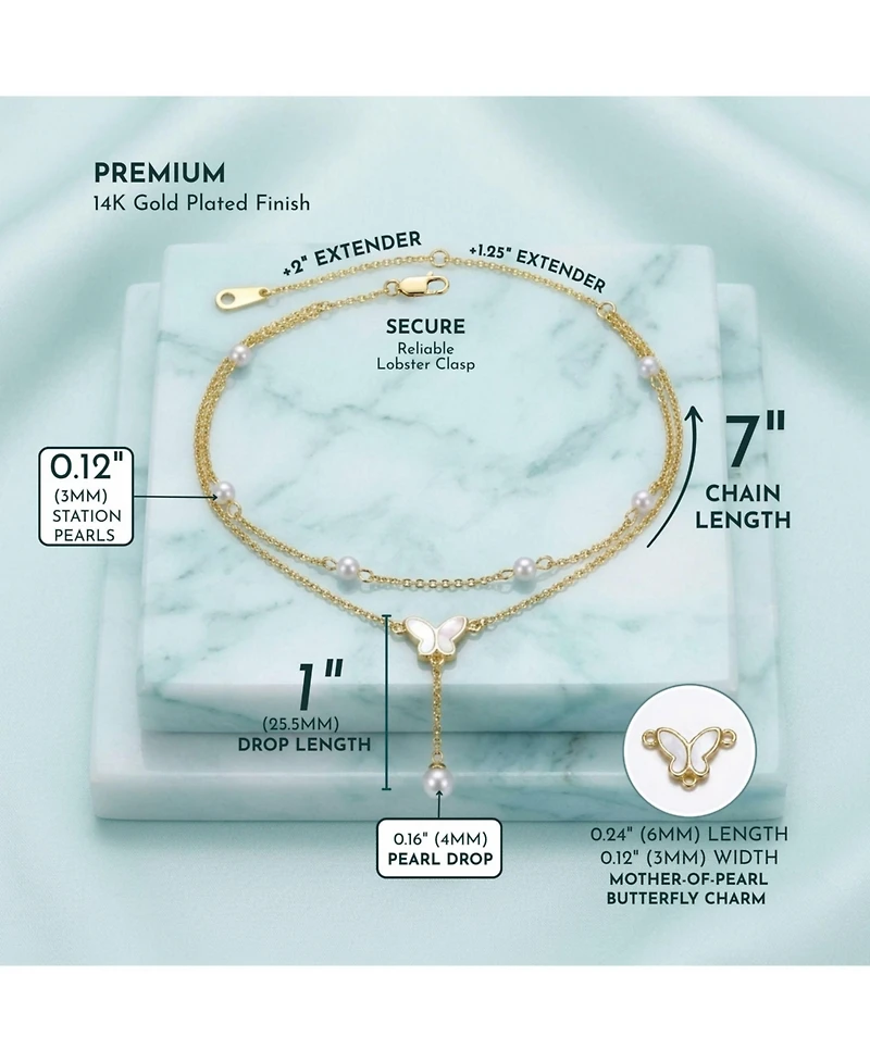 14K Gold Plated Double Layer Pearl and Butterfly Anklet