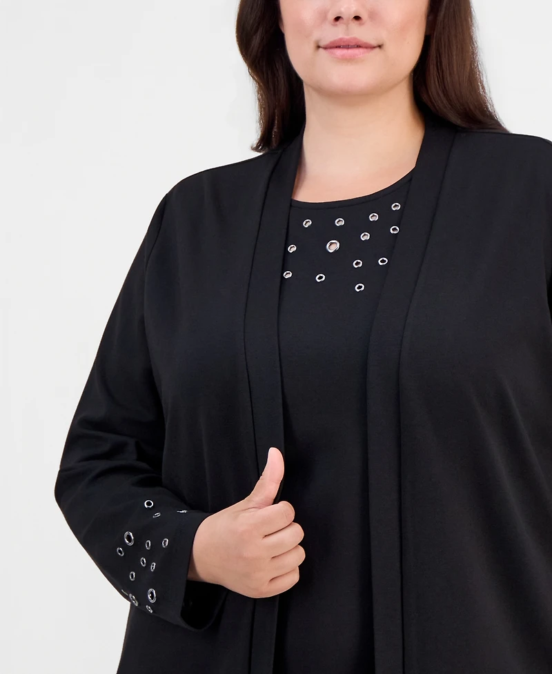 Anne Klein Plus Open-Front Grommet-Trim Cardigan