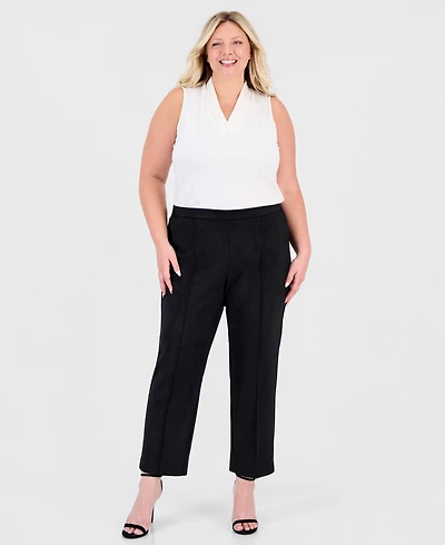 Anne Klein Essentials Plus Pull-On Pintuck Straight-Leg Scuba Suede Pants