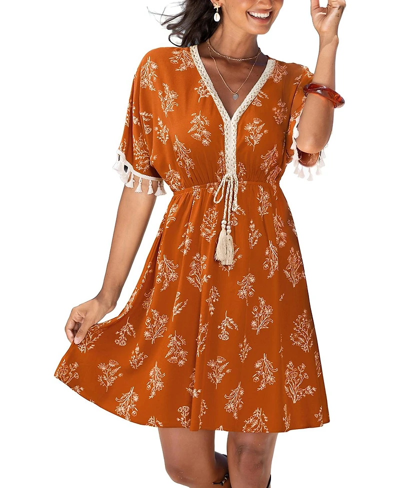 Cupshe Women's Boho V-Neck Mini Beach Dress