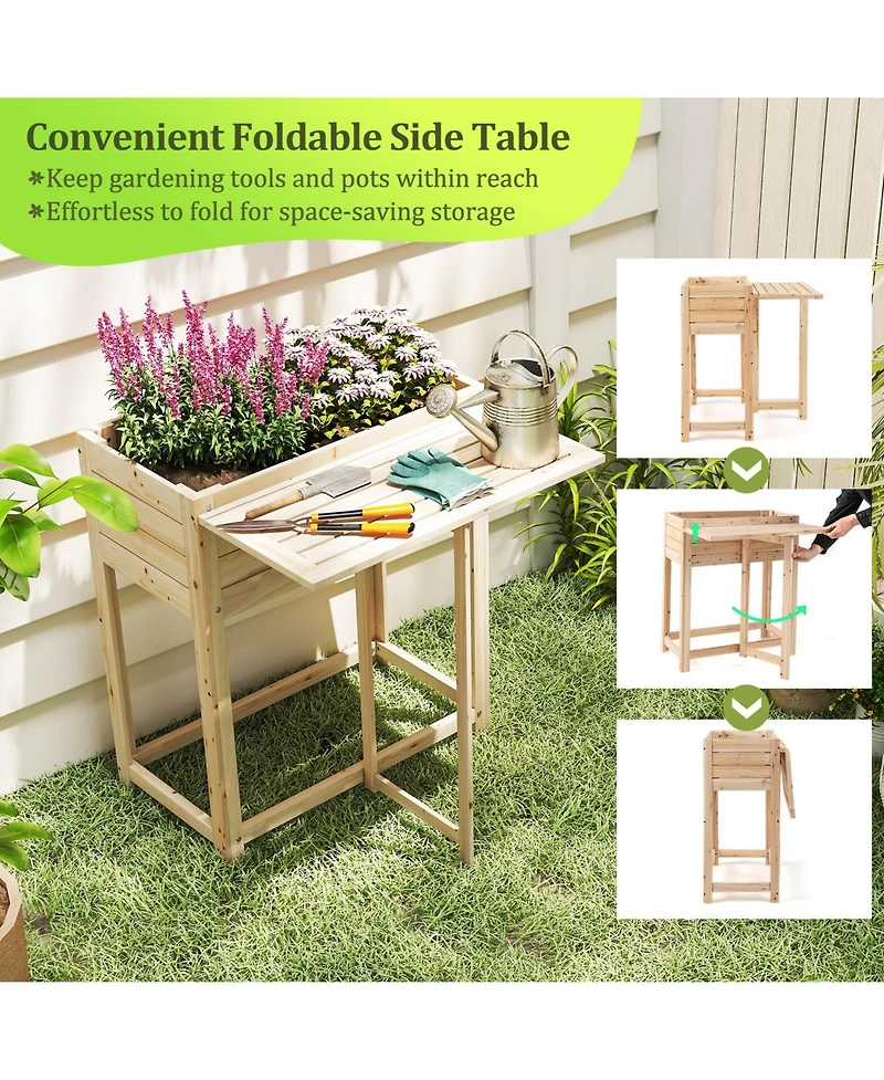 Sugift Wooden Raised Garden Bed with Legs and Foldable Side Table