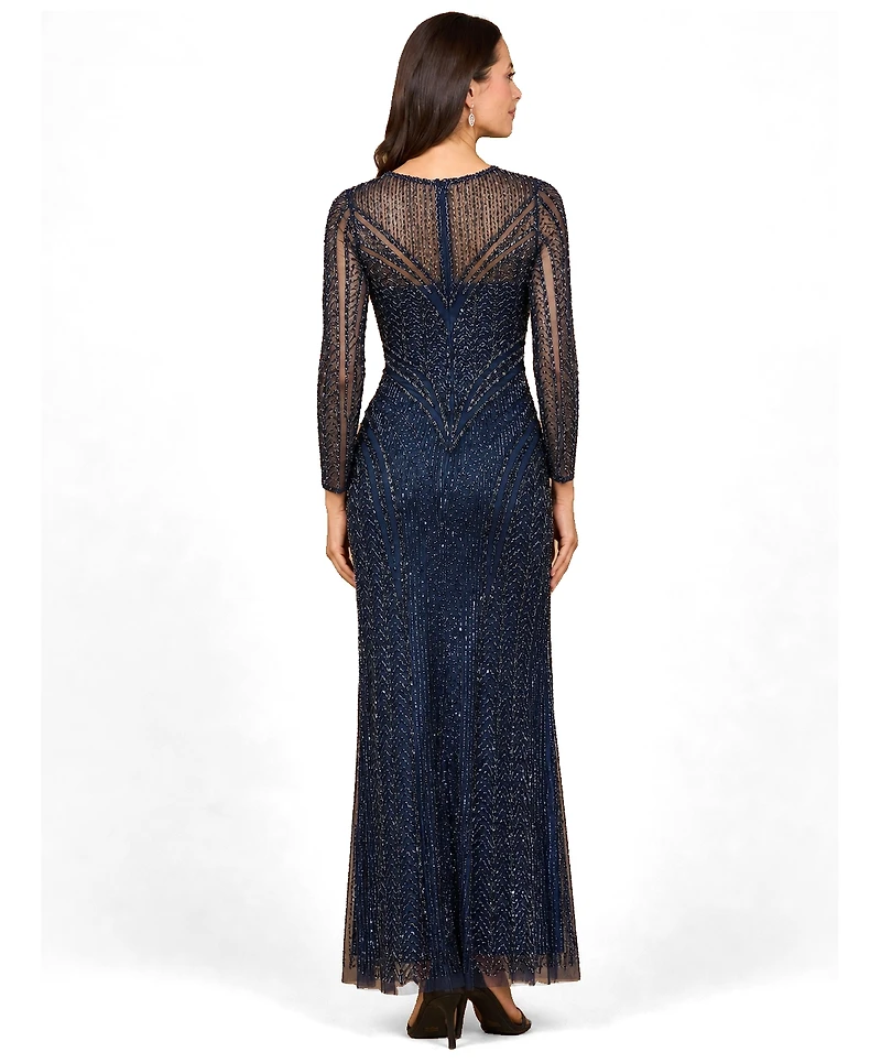 Lara Women's Illusion Neck, Long Sleeve Beaded Gown