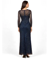 Lara Women's Illusion Neck, Long Sleeve Beaded Gown