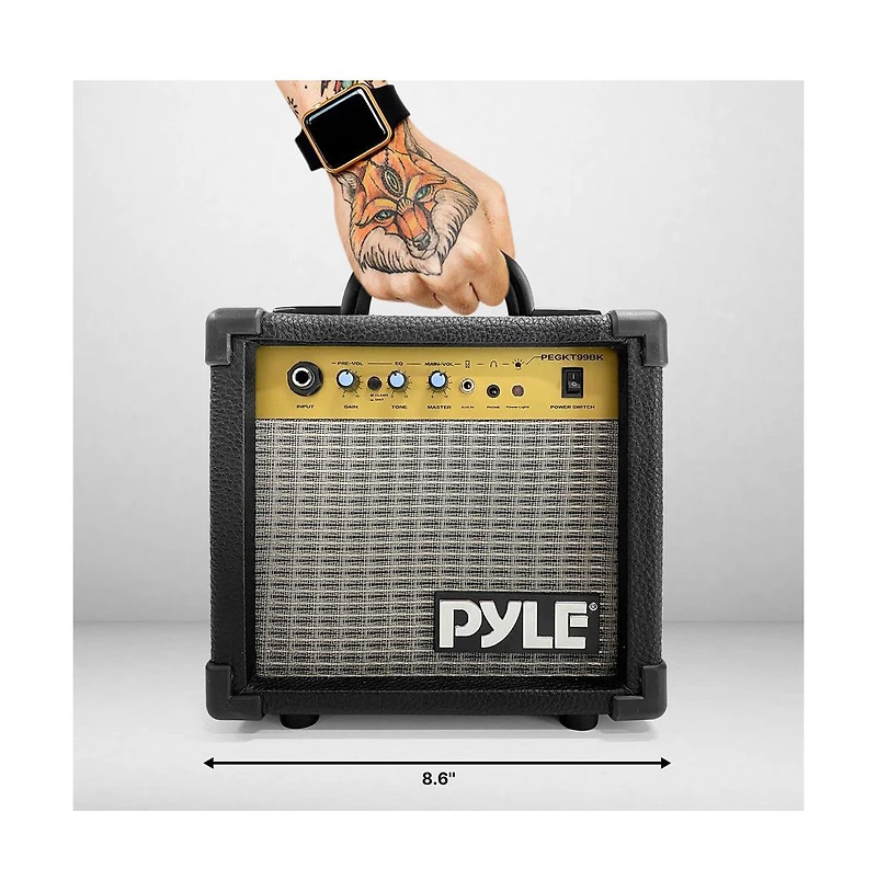 Pyle 10W Portable Mini Electric Guitar Amp, Practice Amplifier with 5" Speaker, Gain & Distortion Controls, Headphone Output, Carry Handle