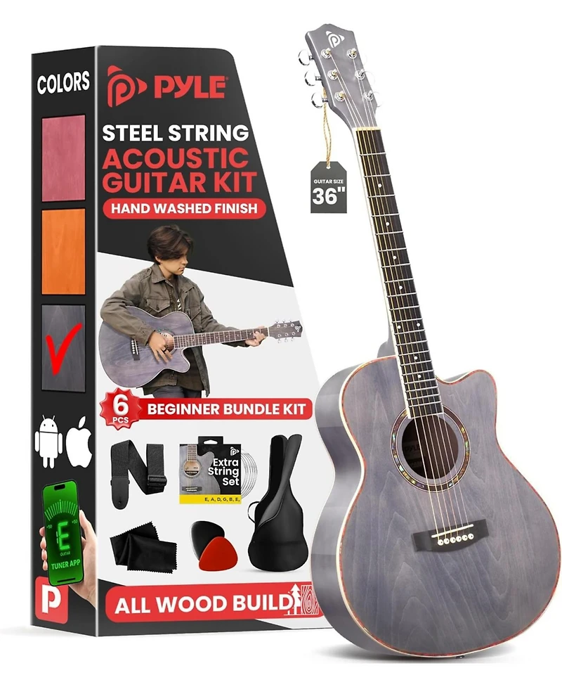 Pyle Beginners 6-String Acoustic Guitar, 36" Cutaway Body With Kit