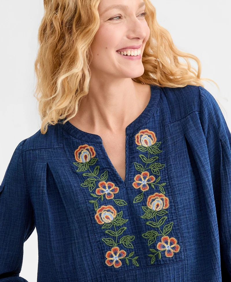 Style & Co Women's Embroidered Indigo Gauze Top, Macy's Exclusive