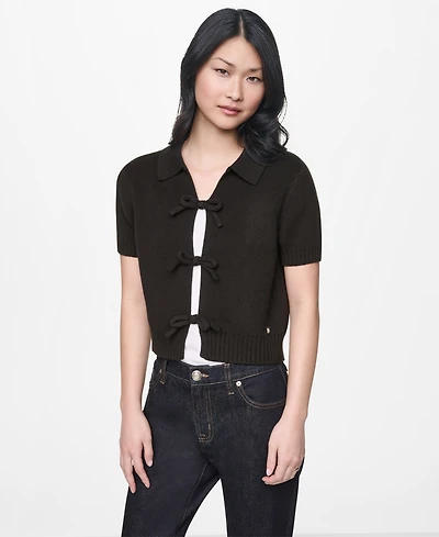 Dkny Jeans Women's Short-Sleeve Polo Collar Tie Front Sweater