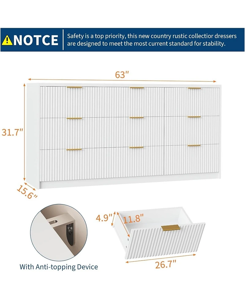 gaomon 9 Drawer Fluted Dresser with Handles, Modern Wood Chest for Bedroom, Living Room