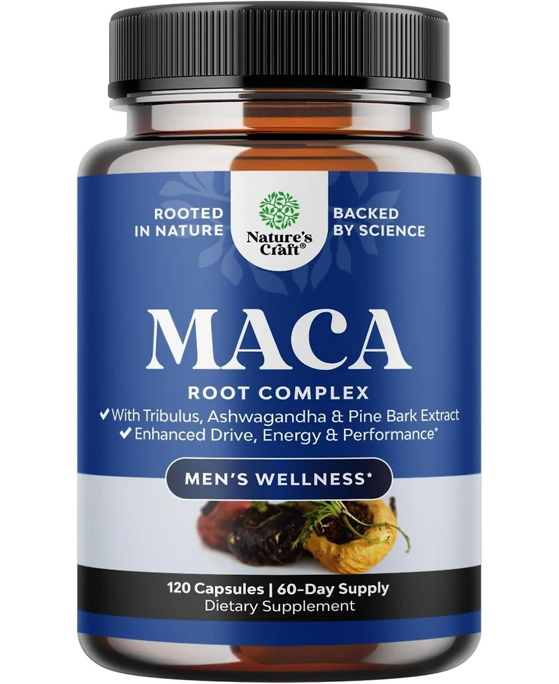 Nature's Craft Maca Root Complex for Men with Siberian Ginseng, Ashwagandha and Black Maca Herbal Supplement for Men's Health, 120 Capsules