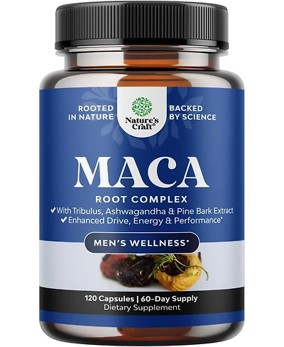 Nature's Craft Maca Root Complex for Men with Siberian Ginseng, Ashwagandha and Black Maca Herbal Supplement for Men's Health, 120 Capsules