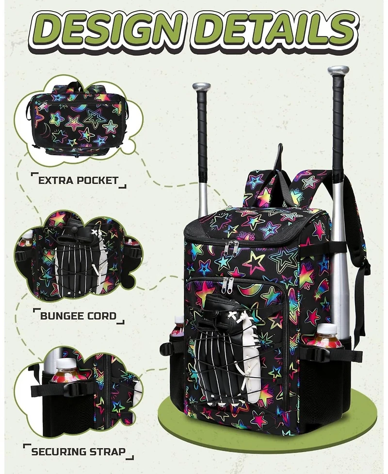 Furlihong Star Pattern Baseball Softball Gear Backpack for Boys and Girls Ages 8-14 - Youth Bat Bag with Ventilated Shoe Compartment for Players