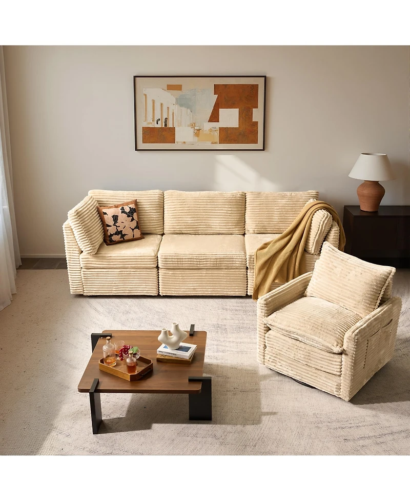 Xizzi Sectional Cloud Couch Sofa with Swivel Chair, Comfy Deep Seat Modular Convertible Couches, Modern Plush Corduroy Set for Living Room