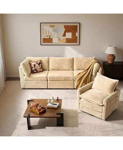 Xizzi Sectional Cloud Couch Sofa with Swivel Chair, Comfy Deep Seat Modular Convertible Couches, Modern Plush Corduroy Set for Living Room