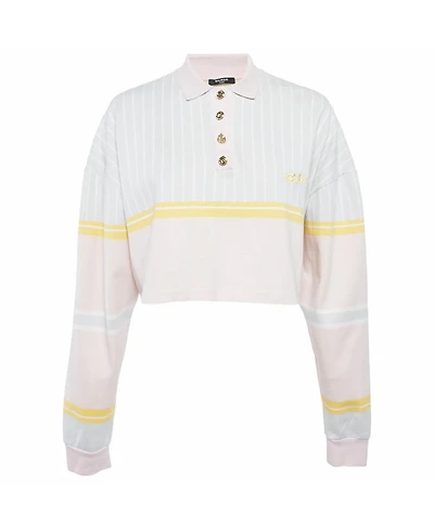 Pre-Owned Balmain Women's Striped Cotton Crop Polo T-Shirt