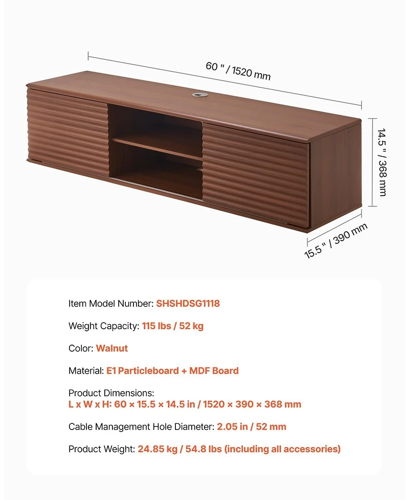 Gouun 60" Floating Tv Stand Wall Mount with Sliding Doors