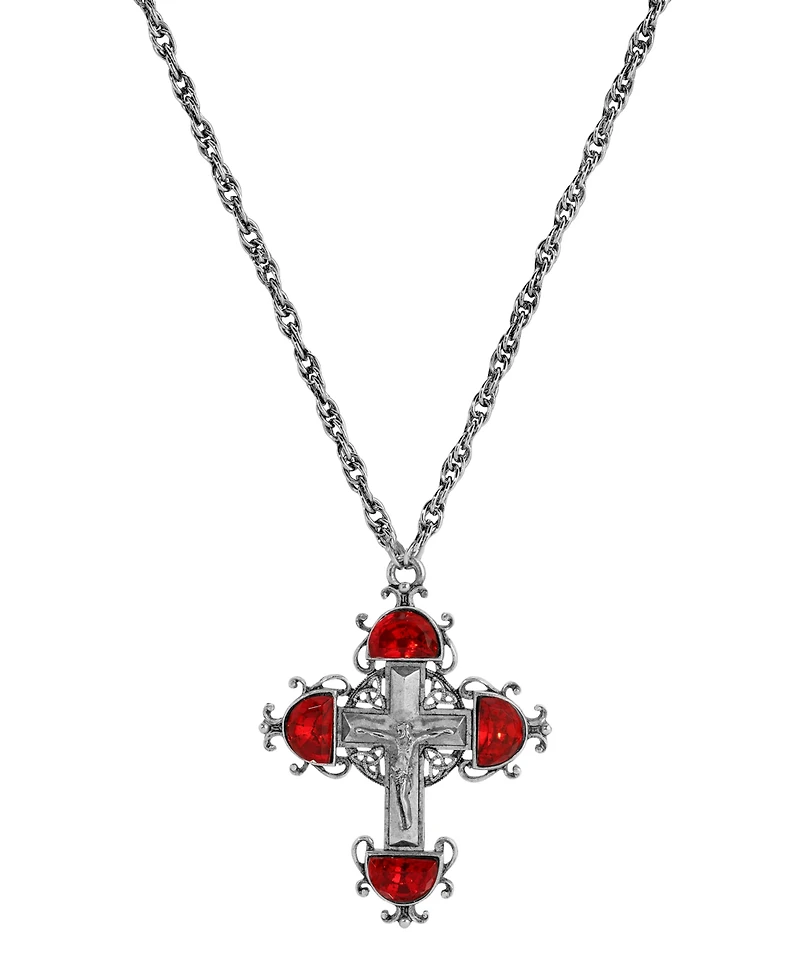Symbols of Faith Silver Pewter-Tone Cross Siam Red Crystals 28" Necklace