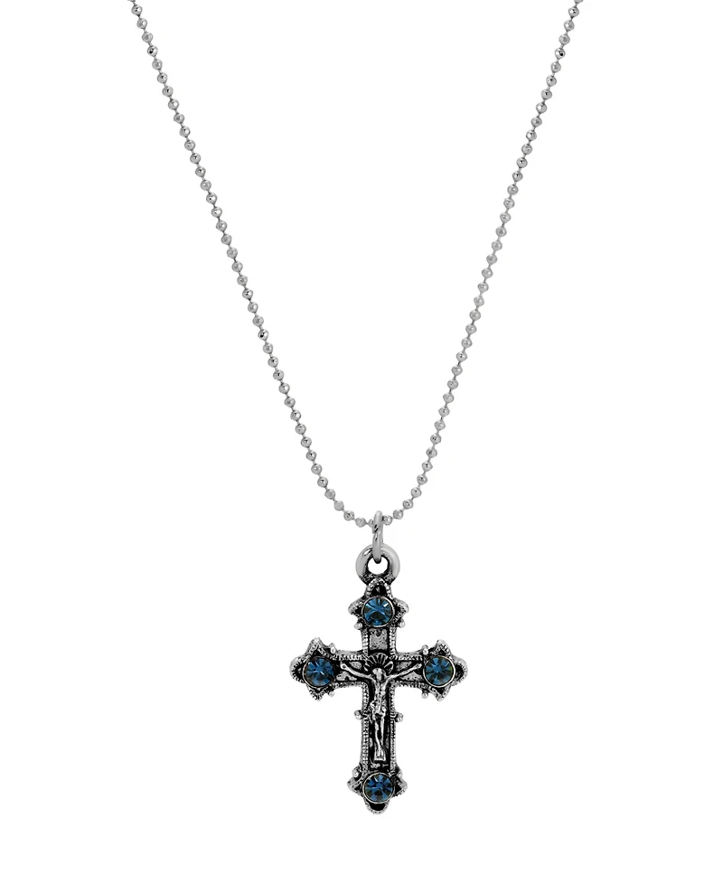 Symbols of Faith Silver-Tone Crucifix Montana Crystals 16" Necklace
