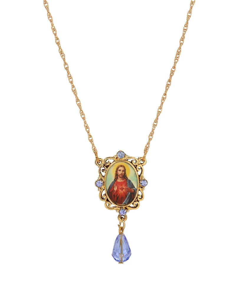 Symbols of Faith Gold-Tone Oval Decal Jesus Pendant Blue Bead 18" Necklace
