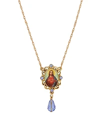 Symbols of Faith Gold-Tone Oval Decal Jesus Pendant Blue Bead 18" Necklace