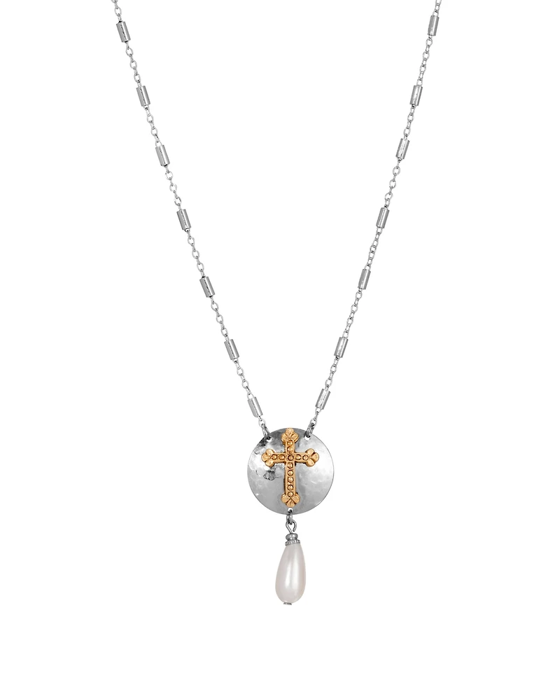 Symbols of Faith Silver-Tone 14k Gold Dipped Cross Drop Imitation Pearl 16"+3" Necklace