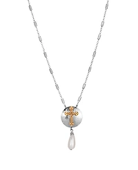 Symbols of Faith Silver-Tone 14k Gold Dipped Cross Drop Imitation Pearl 16"+3" Necklace