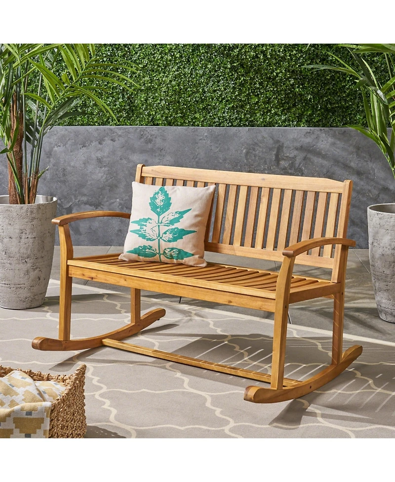 Mondawe Patio Rocking Loveseat Wood 2-Person Outdoor Rocker Bench with Cushions