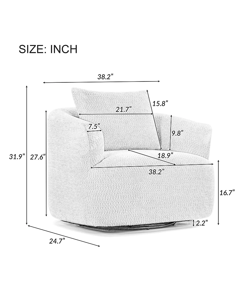 Rainsken 360degree(s) Swivel Sofa Chair, 38.2" Upholstered Barrel Chair with Deep Seating and a Throw Pillow for Living Room, Bedroom