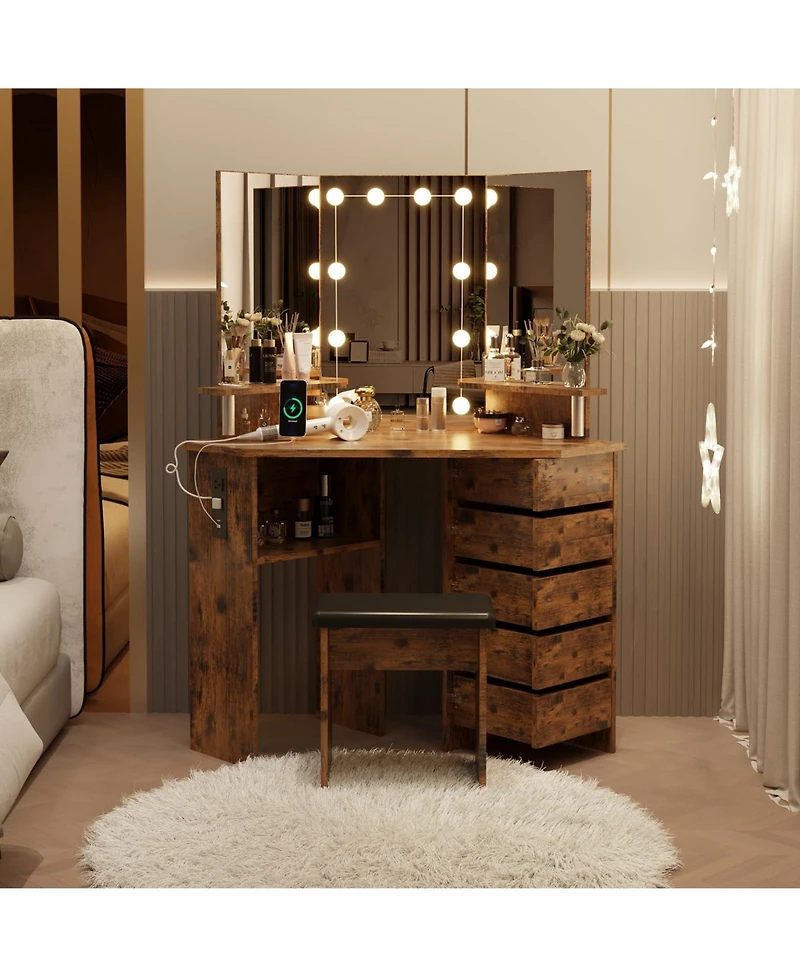 gaomon Farmhouse Vanity Desk with Mirror and Lights,Modern Makeup Vanity with Charging Station