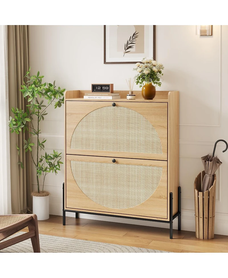 Streamdale Furniture Walnut 2-Drawer Rattan Shoe Cabinet